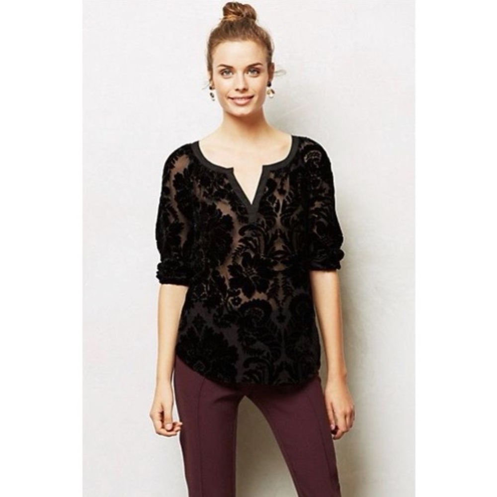 Anthropologie Meadow Rue Women’s Black Florenza Brocade velvet Top